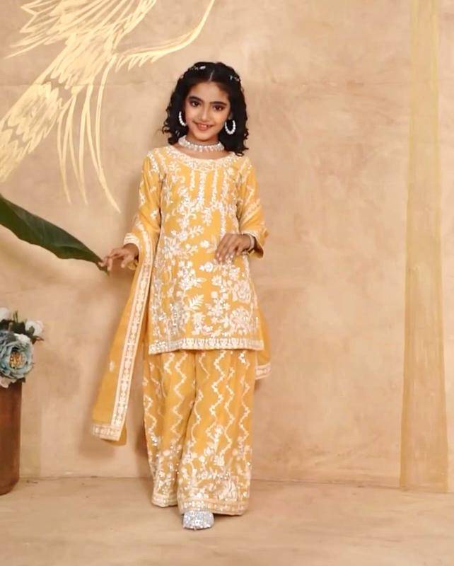 DESIGNER WEAR TOP WITH SHARARA Georgette Yellow Children apparel wholesale